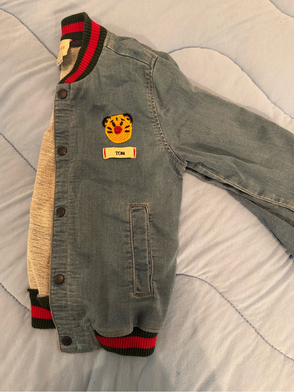 Gucci Children's Blue Denim Bomber Jacket with Striped Trim